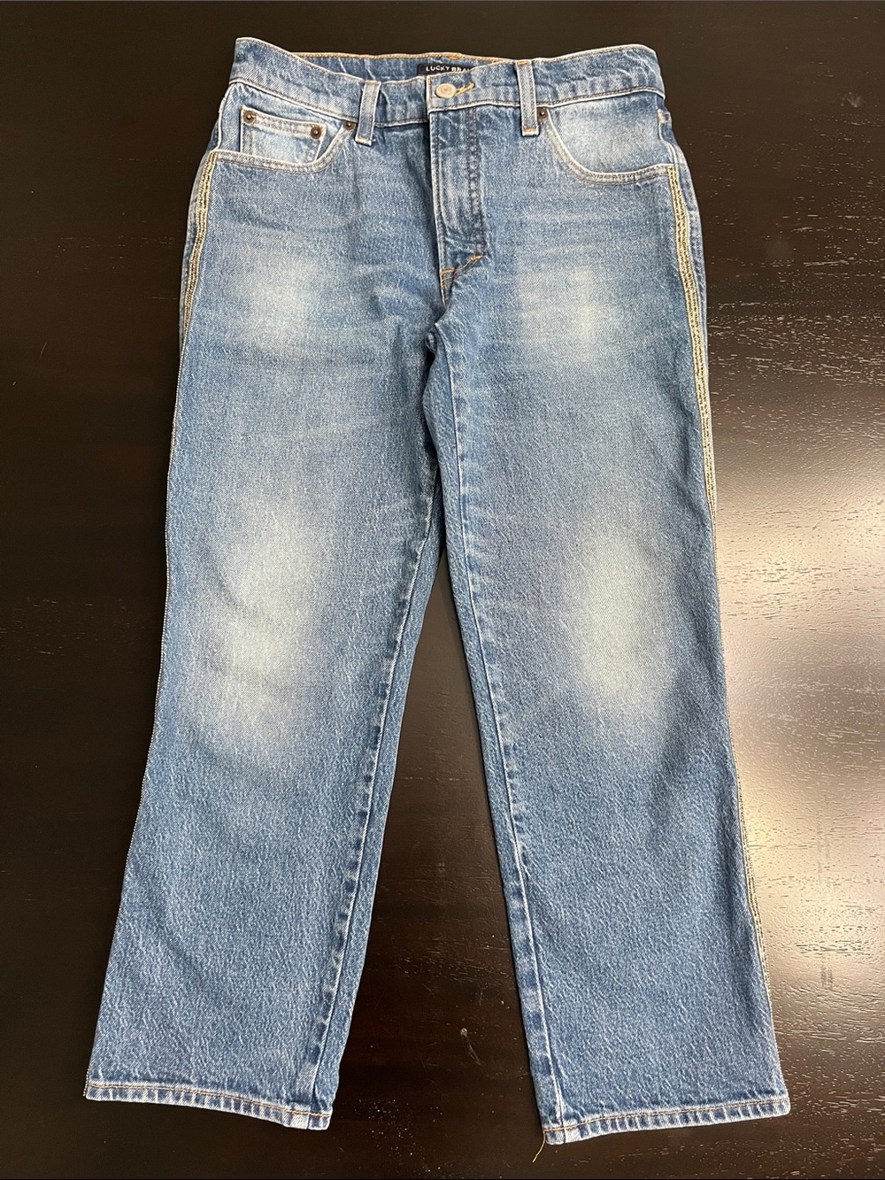 Lucky Brand Blue Washed Mid Rise Straight-Leg Jeans W/ Gem Detailing